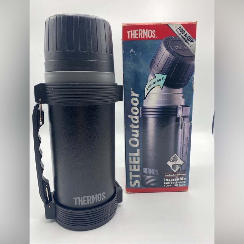 Thermos Vacuum Bottle Add A Cup Stainless Carry Handle Cup Screw Top Black 2816